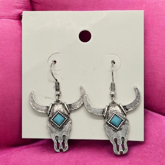 Longhorn Skull Western Turquoise Bull Dangle Earrings Steer Cattle Cow Bohemian - Picture 2 of 3